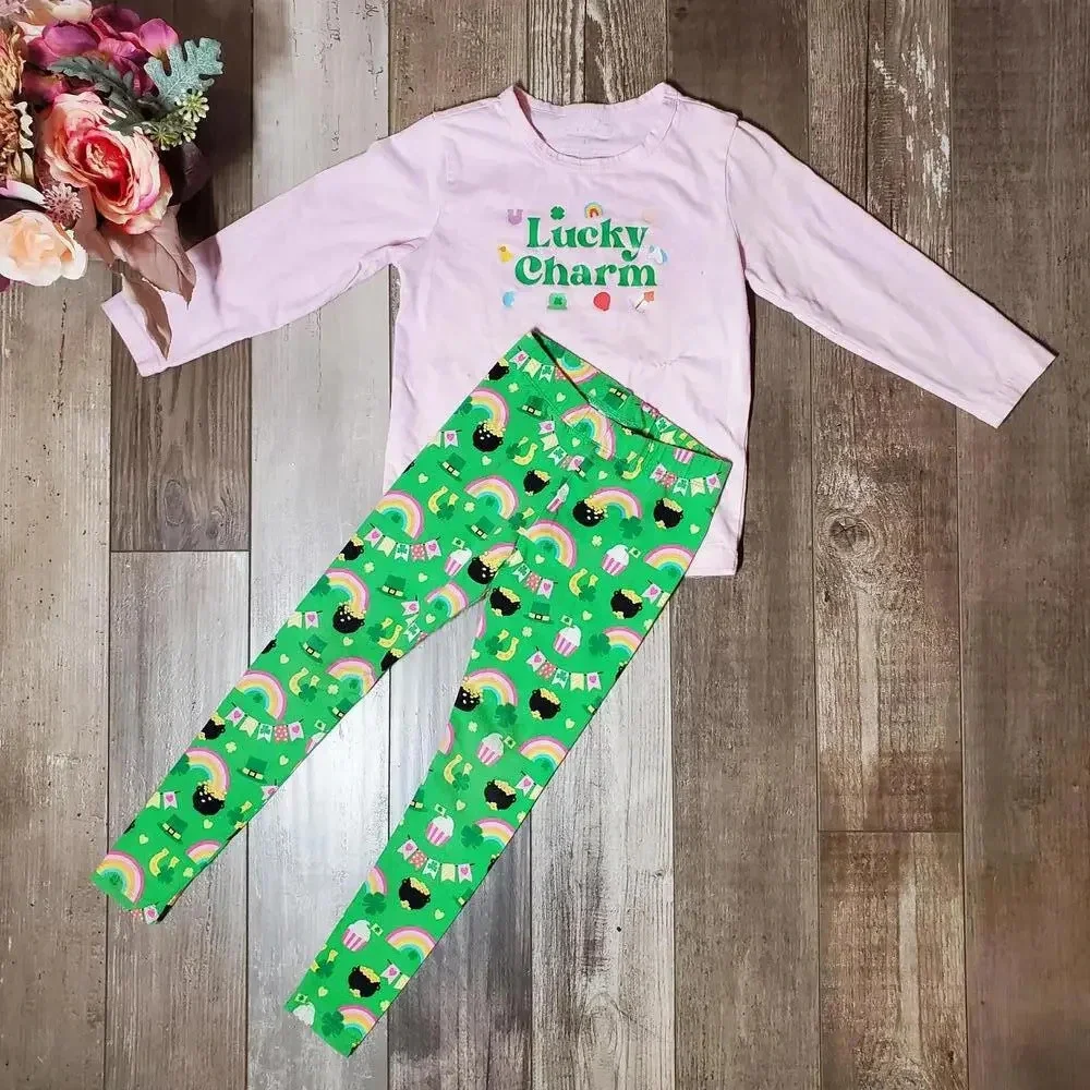 Lucky Charm Pink and Green Matching Girls Outfit Size 4/5